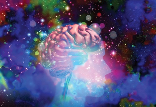 In a graphic art image, a faded white silhouette of a human head with a visible human brain is laid over a spacey psychedelic backdrop of black and blue with with star.
